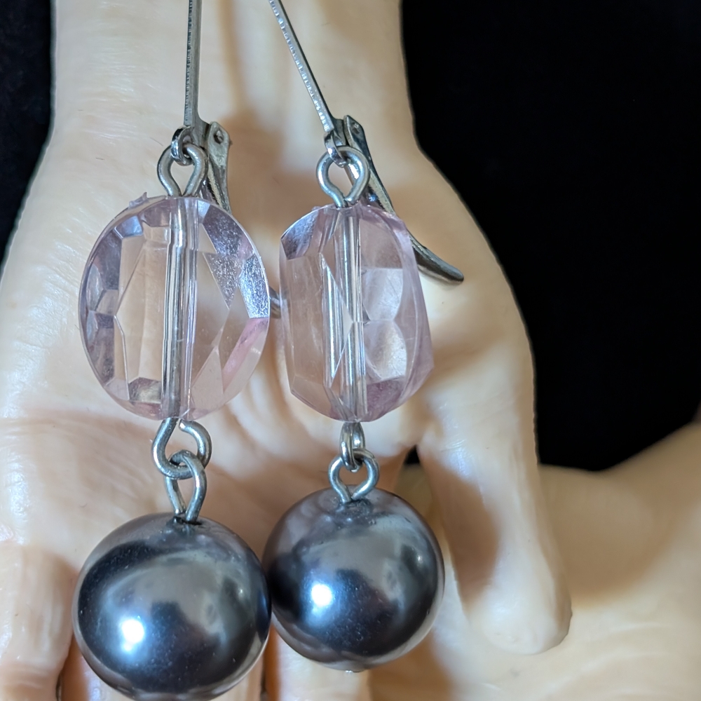 Handmade Pink Crystal & Gunmetal Pearl Drop Earrings